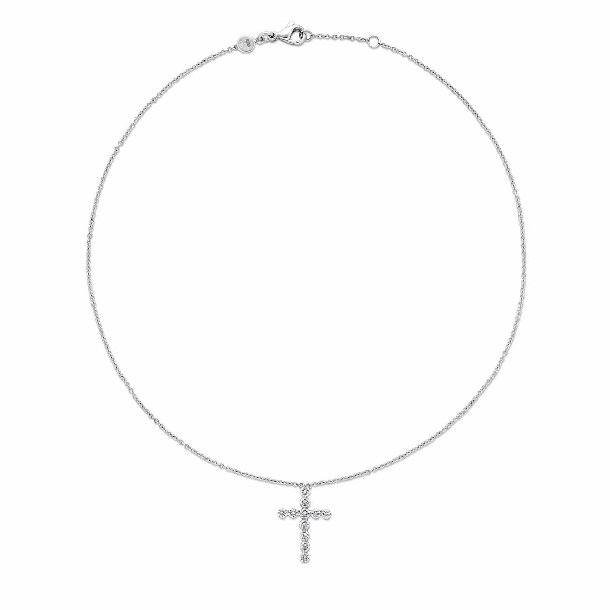 Roberto Coin 18K White Gold Diamond Cross Necklace featuring a small, diamond-encrusted cross pendant on a white gold chain.