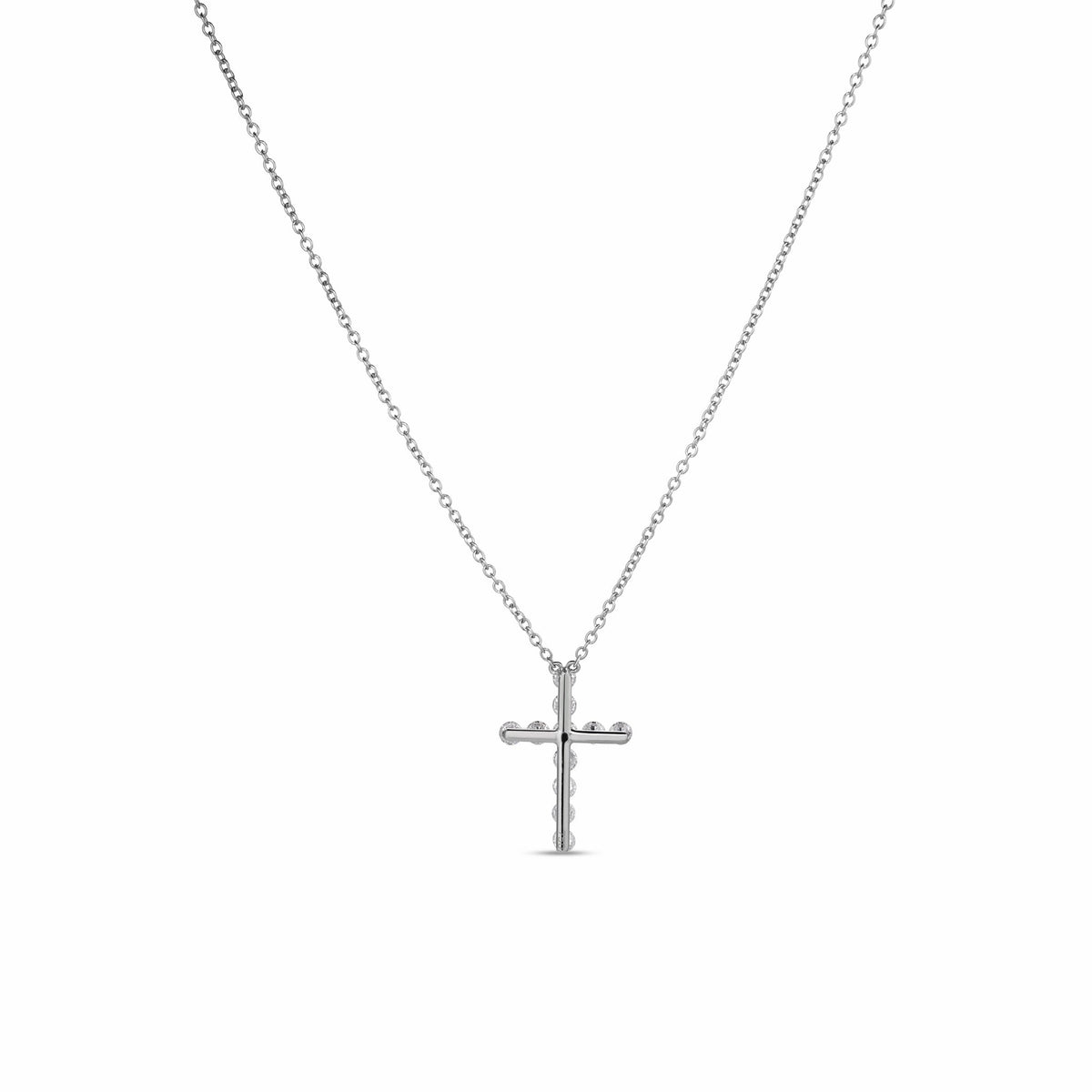 A Roberto Coin 18K White Gold Diamond Cross Necklace pendant featuring round diamonds on a delicate matching chain.