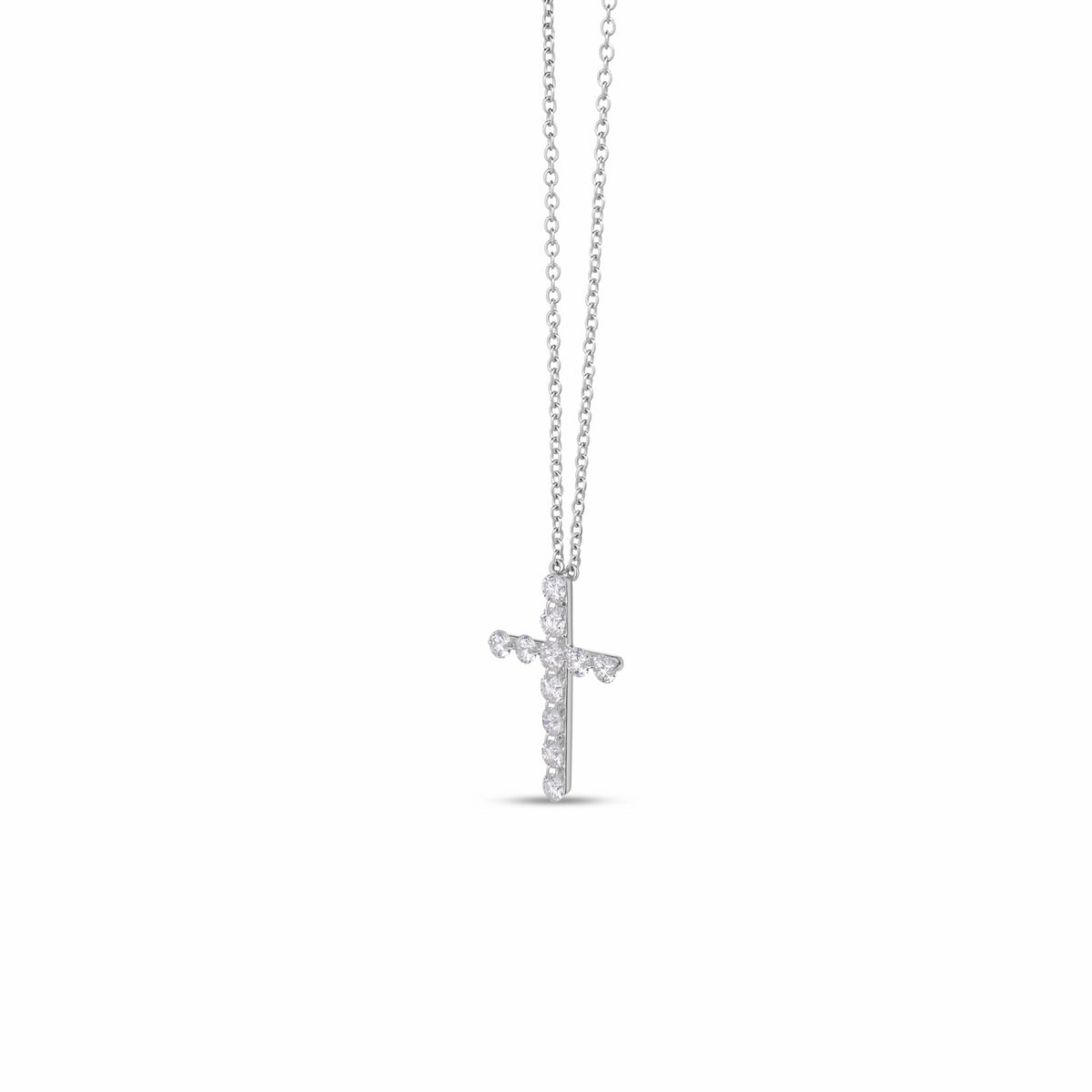 A Roberto Coin 18K White Gold Diamond Cross Necklace featuring a silver-toned chain and a small cross pendant encrusted with round diamonds.