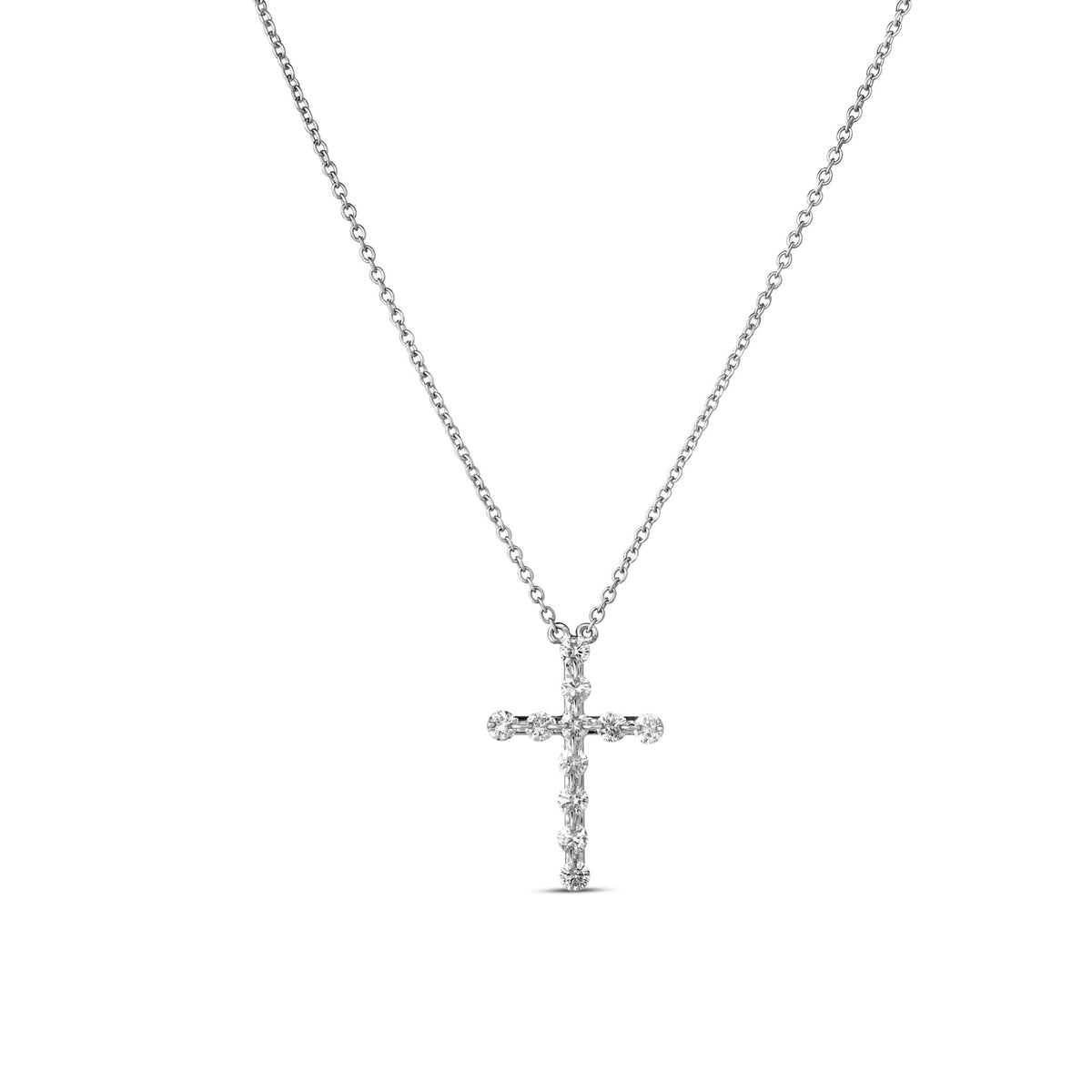 A Roberto Coin 18K White Gold Diamond Cross Necklace Pendant featuring an 18K white gold diamond-encrusted cross on a thin metal chain.