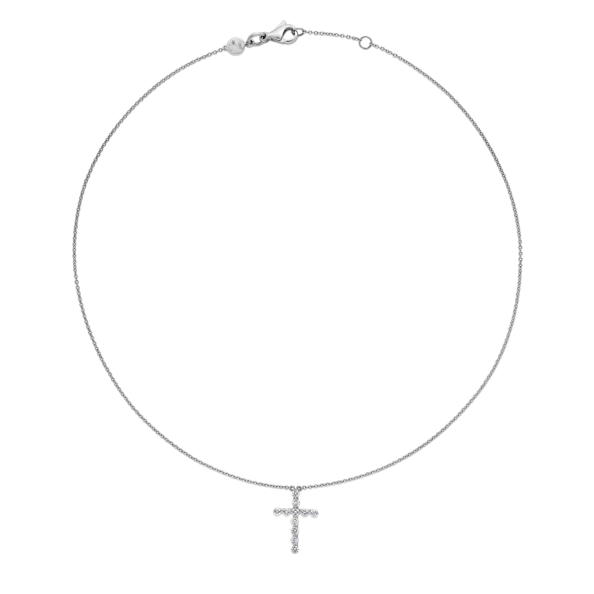 A delicate Roberto Coin 18K White Gold Diamond Cross Necklace featuring a small, diamond-encrusted cross pendant on a white gold chain.