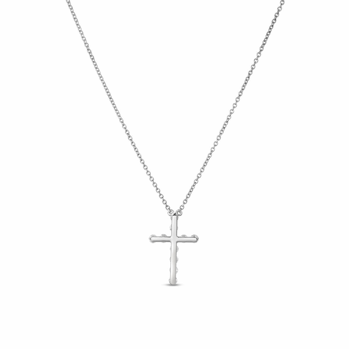 A delicate Roberto Coin 18K White Gold Diamond Cross Necklace Pendant featuring a silver-toned cross on an 18K white gold chain.