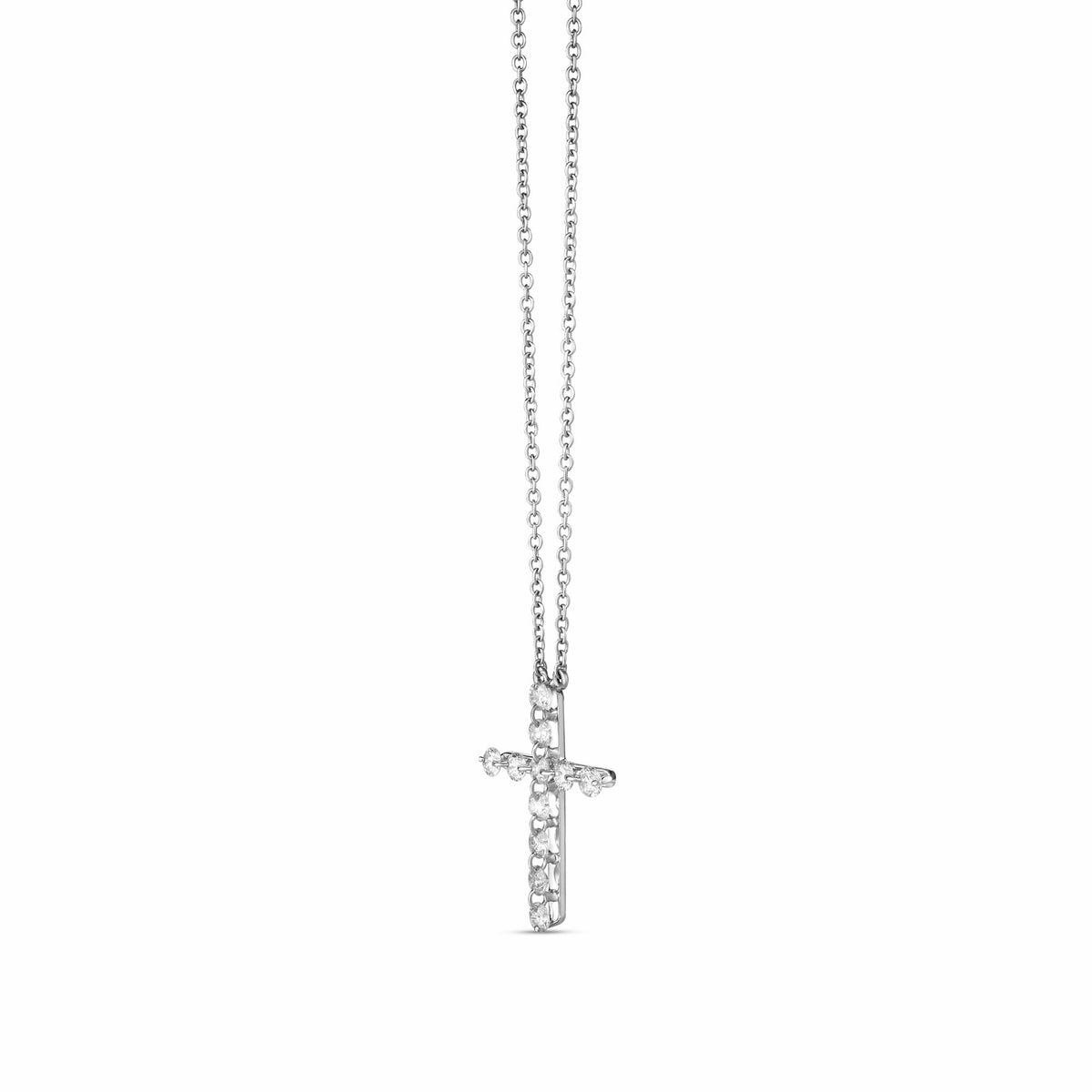 A Roberto Coin 18K White Gold Diamond Cross Necklace Pendant featuring a diamond-encrusted cross on a delicate 18K white gold chain.
