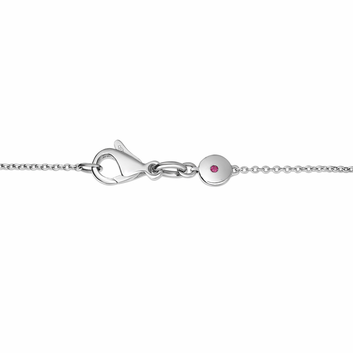 Roberto Coin 18K White Gold Diamond Cross Necklace Pendant featuring an 18K white gold chain with a lobster clasp and a small circular charm with a single pink gemstone.