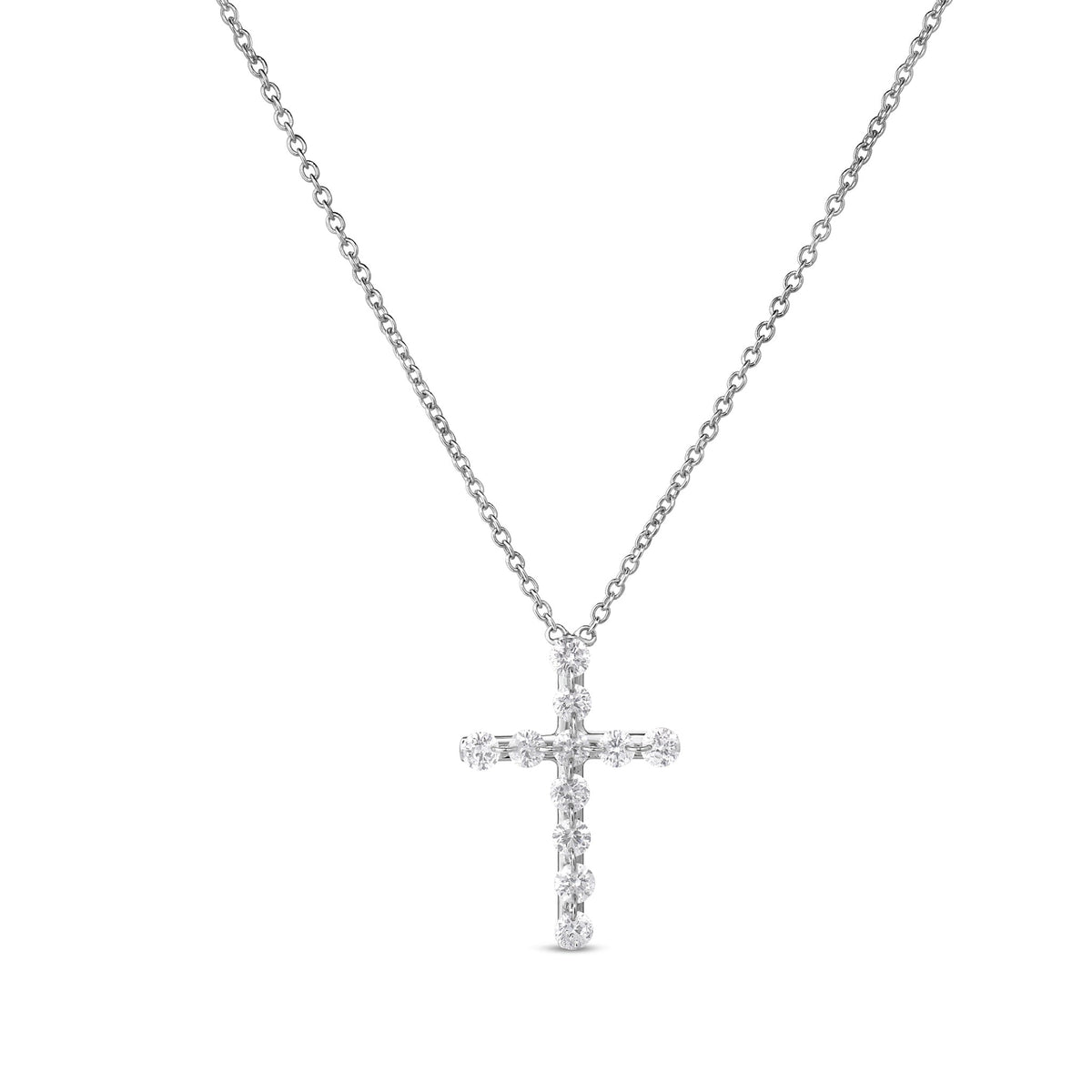 A Roberto Coin 18K White Gold Diamond Cross Necklace Pendant featuring a diamond-encrusted cross on a thin 18K white gold chain.