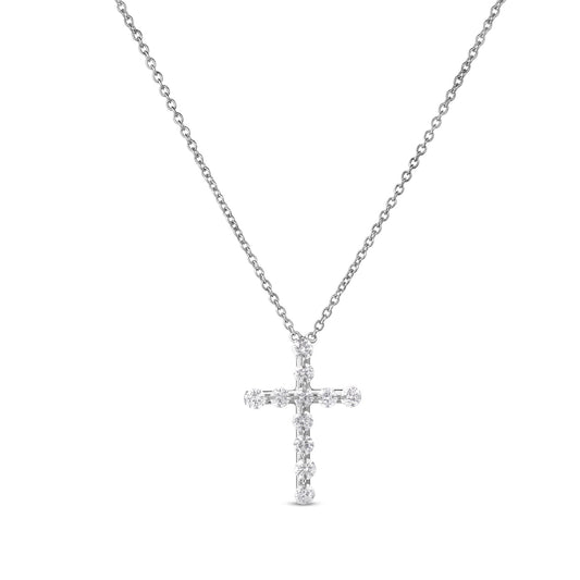 A Roberto Coin 18K White Gold Diamond Cross Necklace Pendant featuring a diamond-encrusted cross on a thin 18K white gold chain.