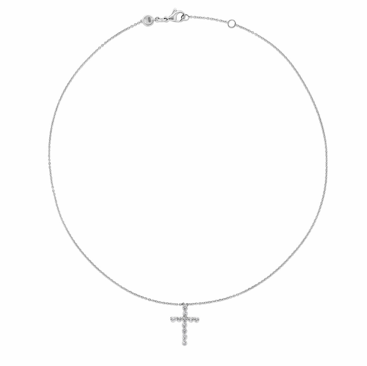 A Roberto Coin 18K White Gold Diamond Cross Necklace featuring a cross pendant set with round diamonds.