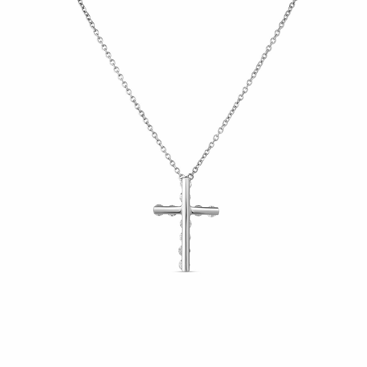 A Roberto Coin 18K White Gold Diamond Cross Necklace Pendant features a thin cross set with small round diamonds on an 18K white gold chain.
