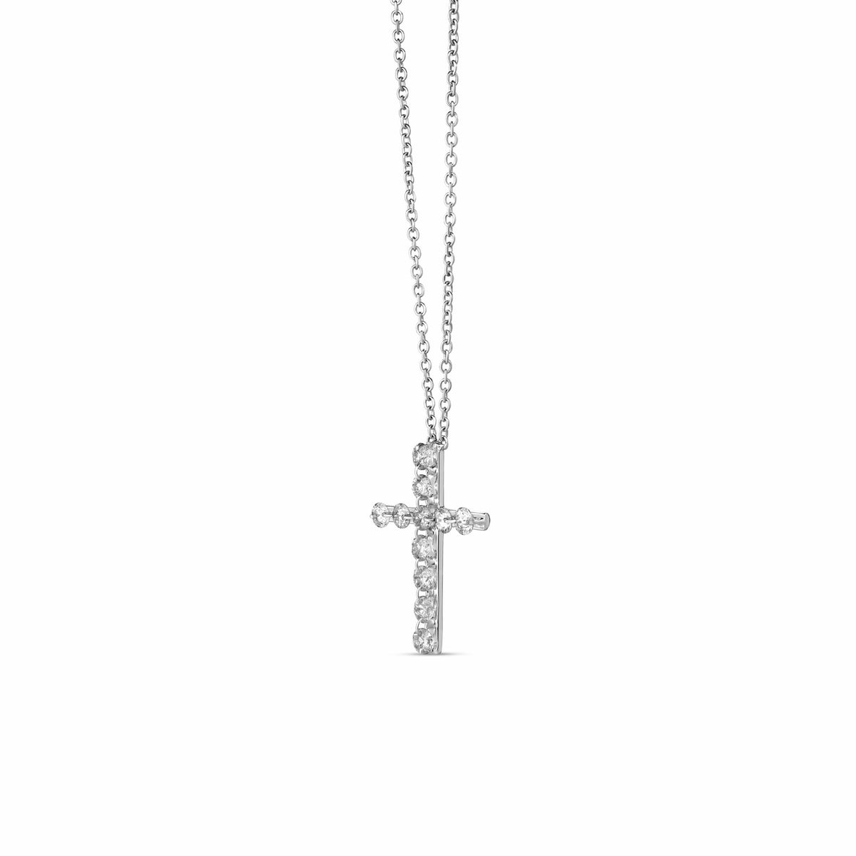 Roberto Coin 18K White Gold Diamond Cross Necklace pendant, featuring a round diamond-set cross on a delicate chain.