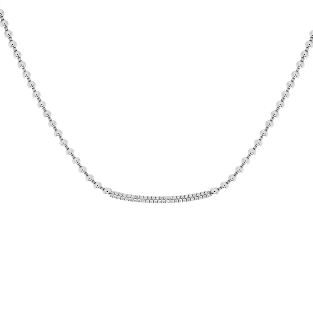 The Hulchi Belluni 18K White Gold Diamond Necklace features a curved, textured bar with a 0.46 CTW round brilliant diamond and delicate silver beading, shown against a white background.