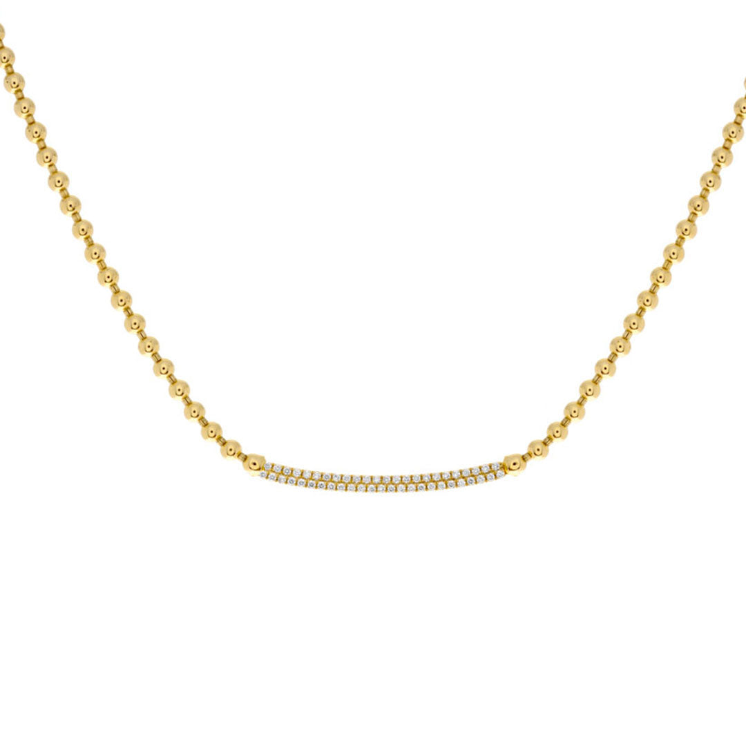 The Hulchi Belluni 18K Yellow Gold Diamond Necklace features small round beads along the chain and a curved center bar set with sparkling diamonds.