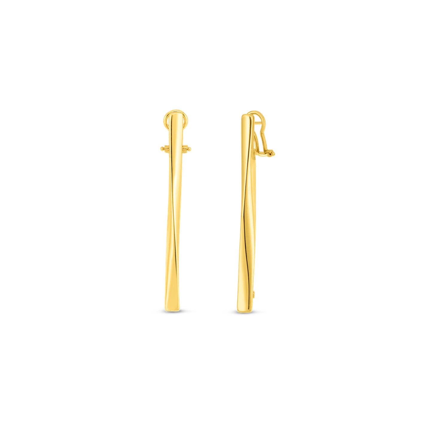 Introducing the Roberto Coin Designer 18K Yellow Gold Contoured Stick Drop Earrings. These stunning pieces from Roberto Coin feature a long, slender design crafted in elegant 18k yellow gold. With a straight rod-like shape that subtly tapers towards the bottom, these earrings offer a secure fit with small backs and are part of the renowned Designer Gold Collection.