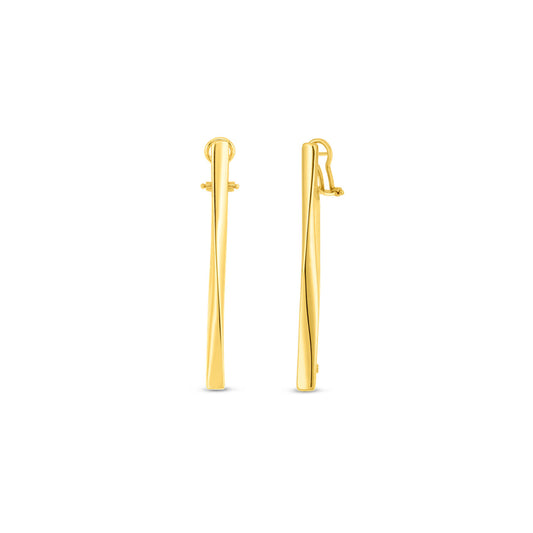 Introducing the Roberto Coin Designer 18K Yellow Gold Contoured Stick Drop Earrings. These stunning pieces from Roberto Coin feature a long, slender design crafted in elegant 18k yellow gold. With a straight rod-like shape that subtly tapers towards the bottom, these earrings offer a secure fit with small backs and are part of the renowned Designer Gold Collection.