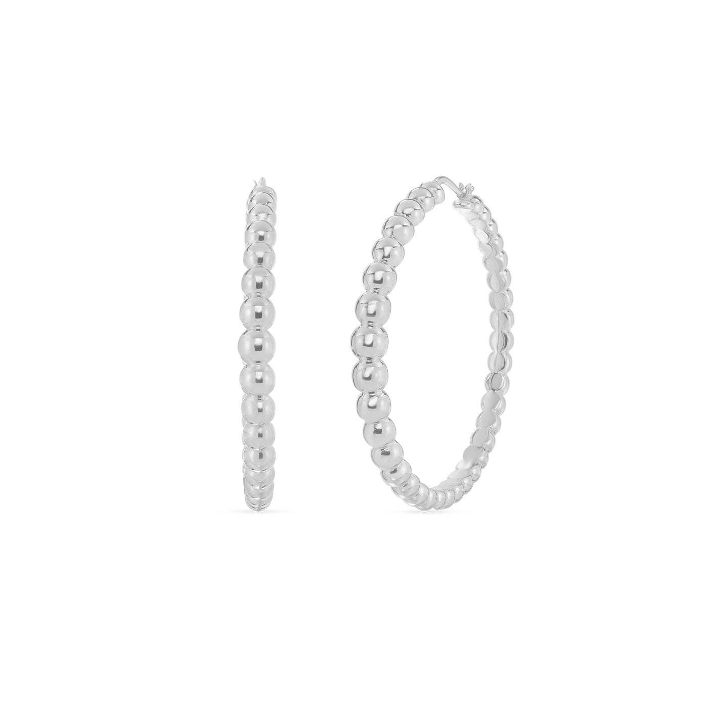 The Roberto Coin Designer 18K White Gold Bead Extra Large Hoop Earrings showcase a beaded design made up of small, lustrous spheres. The sophisticated white gold finish stands out beautifully against the simple white backdrop.