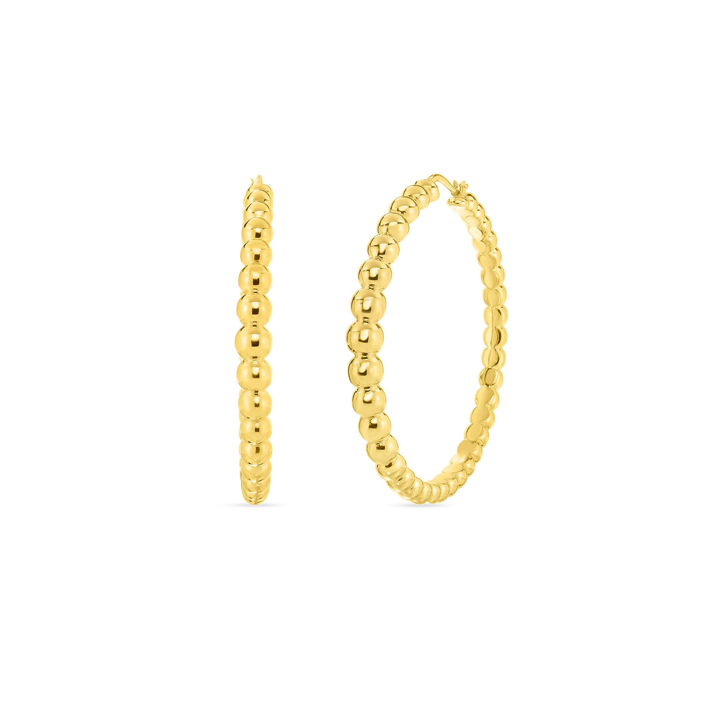 The Roberto Coin Designer 18K Yellow Gold Bead Extra Large Hoop Earrings are showcased against a white background. These exquisite gold hoop earrings boast a spherical bead design, radiating brilliance as their polished surface reflects the light.