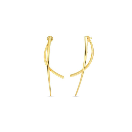 These refined earrings, known as the Roberto Coin Designer 18K Yellow Gold Front And Back Line Earrings, showcase a minimalist curved design, crafted elegantly in 18 Karat Yellow Gold by Roberto Coin.