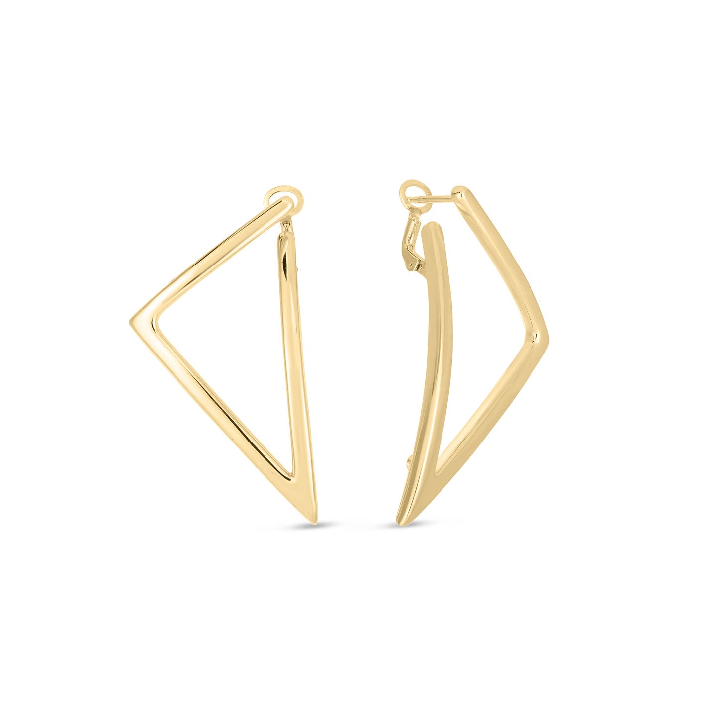 A pair of Roberto Coin Designer 18K Yellow Gold Medium Triangle Hoop Earrings features an open and angular geometric shape. These modern luxury earrings are elegantly displayed side by side against a white background.