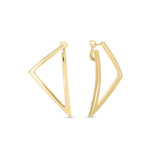 A pair of Roberto Coin Designer 18K Yellow Gold Medium Triangle Hoop Earrings features an open and angular geometric shape. These modern luxury earrings are elegantly displayed side by side against a white background.