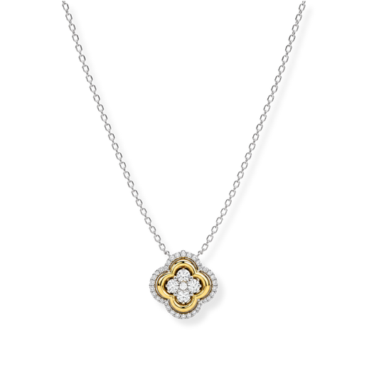 The Raffi&Co.® 14K White and Rose Gold Diamond Necklace Pendant features a refined silver chain and an elegant clover-shaped pendant adorned with gold accents, embellished with four round diamonds that provide a subtle, sparkling brilliance.