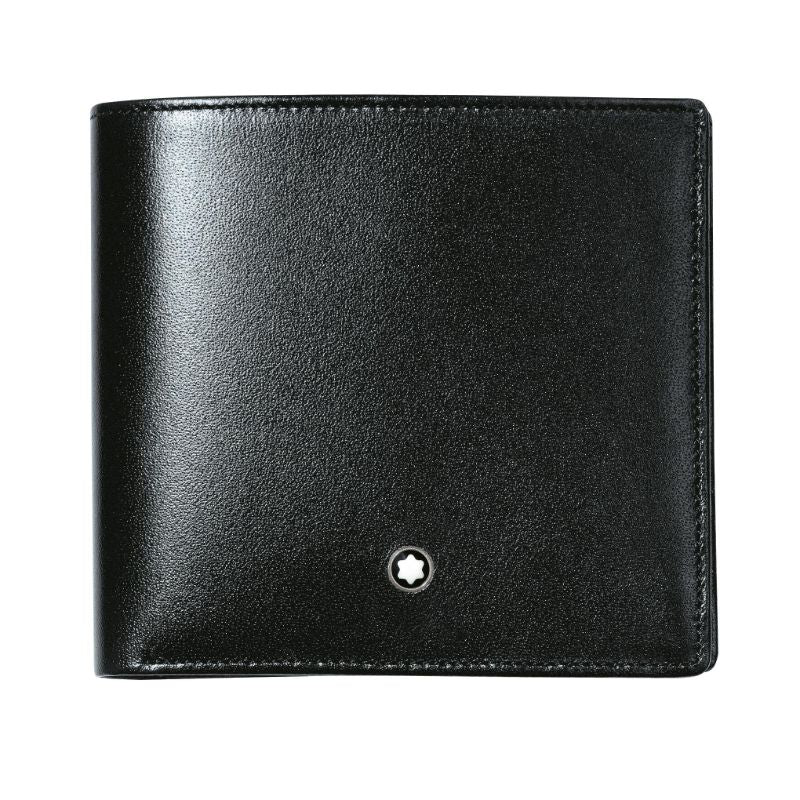 The Montblanc Meisterstück 8cc Leather Wallet, designed with European full-grain cowhide in black and featuring a smooth surface, showcases a small star emblem on the bottom right corner. Photographed closed against a white background, this wallet by Montblanc highlights its sleek design and ample credit card pockets.