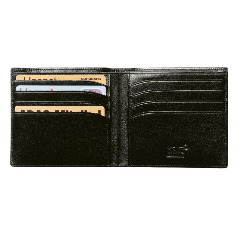 The Montblanc Meisterstuck 8cc Leather Wallet is a sleek European accessory crafted from full-grain cowhide, featuring multiple slots to neatly organize various credit cards.