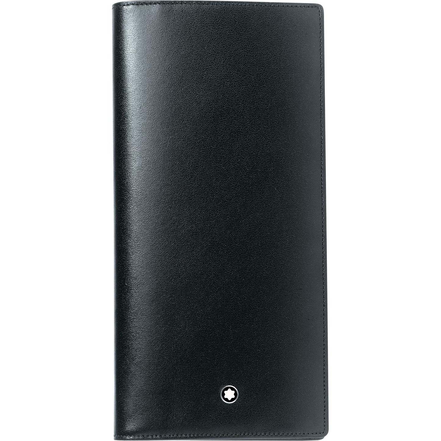 The Montblanc Meisterstück 14cc Leather wallet, crafted from sleek black cowhide with a minimalist design, proudly displays the iconic Montblanc emblem near the bottom edge. This wallet features credit card pockets and is photographed standing closed and upright against a white background.