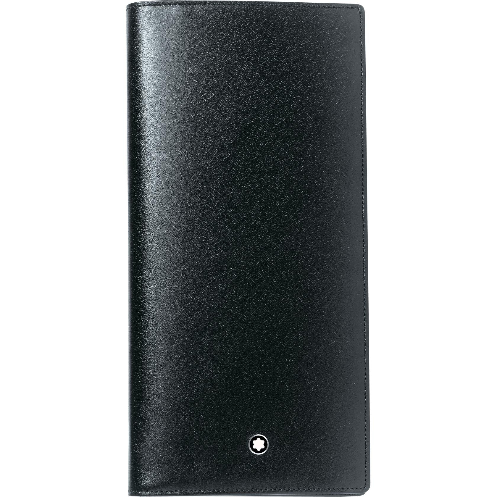 The Montblanc Meisterstück 14cc Leather wallet, crafted from sleek black cowhide with a minimalist design, proudly displays the iconic Montblanc emblem near the bottom edge. This wallet features credit card pockets and is photographed standing closed and upright against a white background.