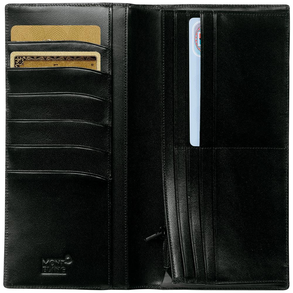 The Montblanc Meisterstück 14cc Leather wallet in black cowhide opens to reveal several compartments. The left side features four credit card slots with cards neatly placed, while the right side contains a larger pocket for documents. The bottom corner is elegantly adorned with the Montblanc emblem, adding an air of sophistication and refinement.