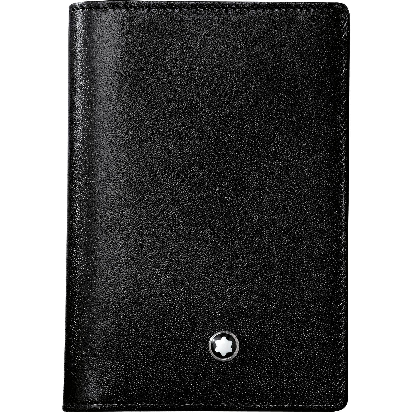 The Montblanc Meisterstuck Leather Business Card Holder is a sleek and minimalist black leather accessory crafted from European full-grain cowhide. It features a smooth texture with the iconic Montblanc emblem at the bottom center, offering a convenient solution for the modern professional.