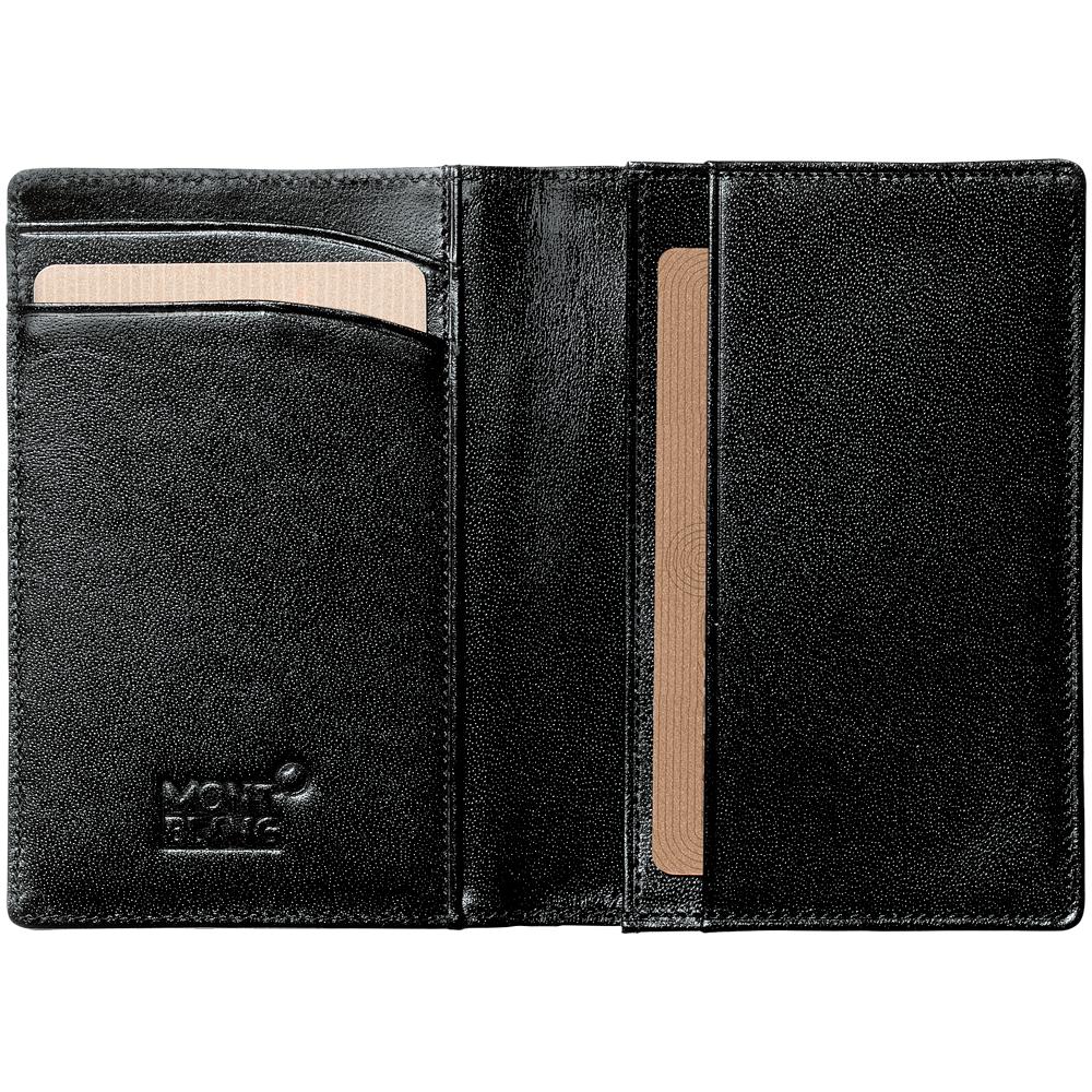 The Montblanc Meisterstück Leather Business Card Holder, crafted from European full-grain cowhide, is a sleek black leather accessory. It features two card slots on the left and a larger pocket on the right, with the Montblanc logo embossed in the bottom left corner, making it an elegant option for professionals.