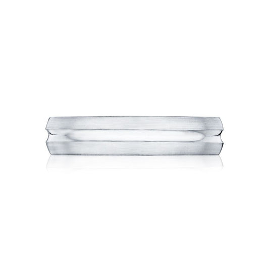 Discover the Tacori Classic Satin Finish 18K White Gold Wedding Band, a sophisticated silver engagement ring that showcases a flat, brushed metal design with gentle contours and a high-polished finish. Highlighted by eternity engraved crescents along the polished edge, it beautifully complements its white gold background.