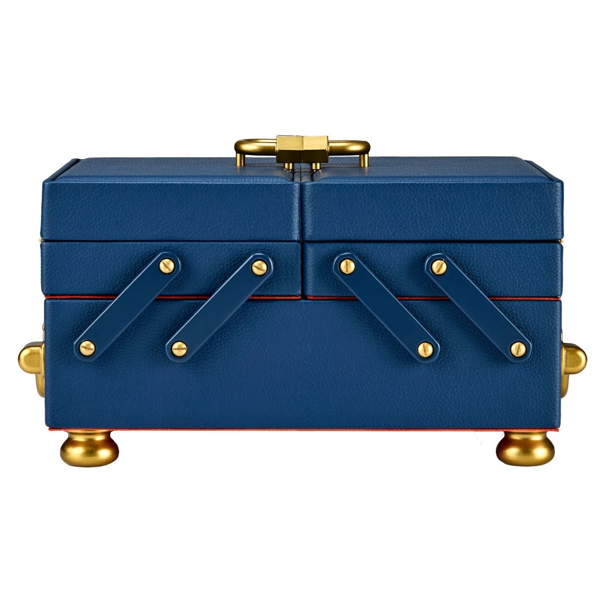 The WOLF 1834 Marla Aaron Baby Everything Jewellery Box is a rectangular blue vegan leather box with gold feet and handle, four diagonal decorative straps with gold rivets on the front, a textured surface, and orange trim at the base.
