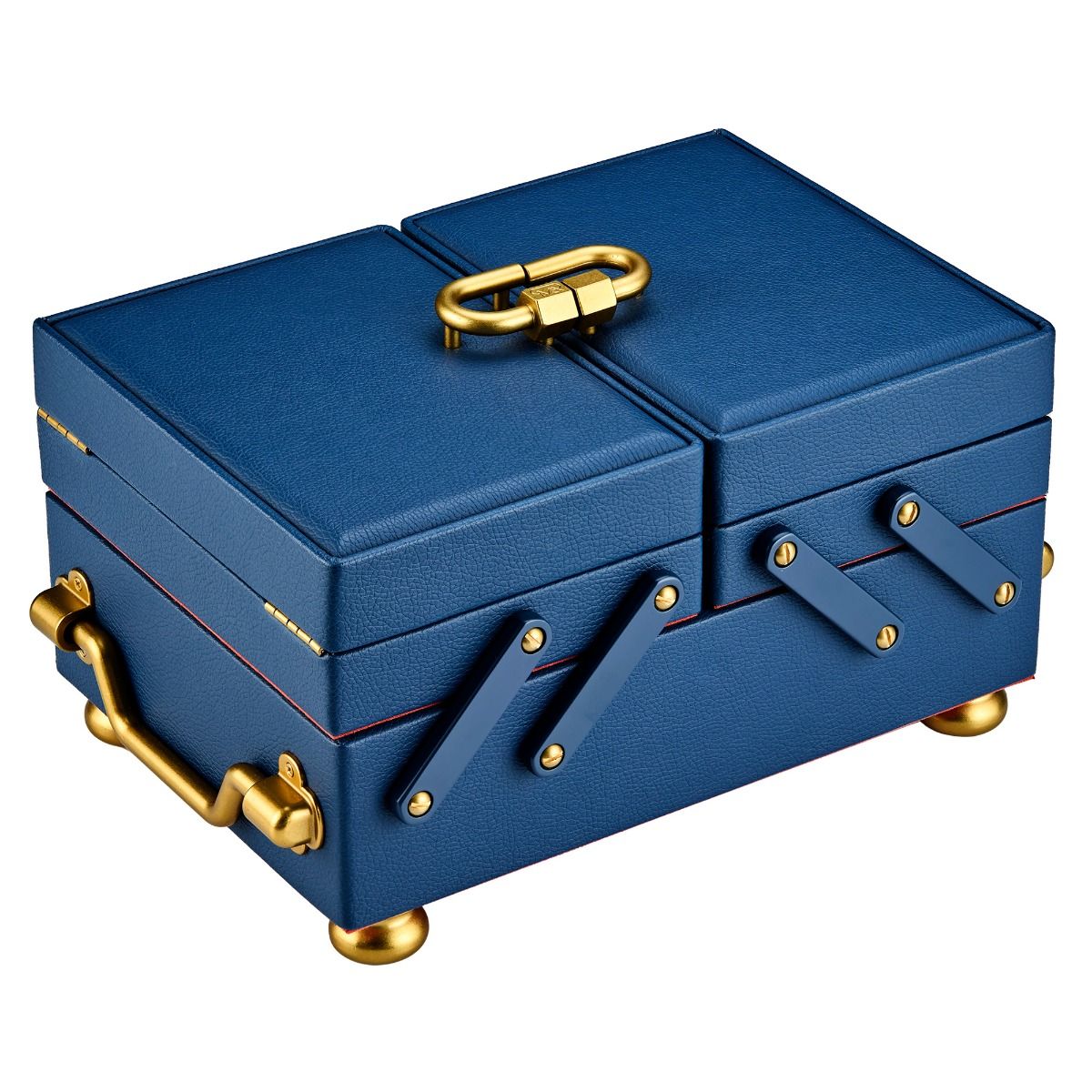The WOLF 1834 Marla Aaron Baby Everything Jewellery Box features blue vegan leather, gold hardware, textured surface, and angular accents—an elegant rectangular box ideal for jewelry or keepsakes.