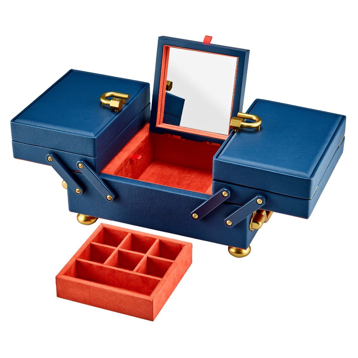 The WOLF 1834 Marla Aaron Baby Everything Jewellery Box by WOLF features blue vegan leather, gold hardware, a red velvet-lined interior, mirror on the lid, two swing-out sides, and a removable sectioned tray.