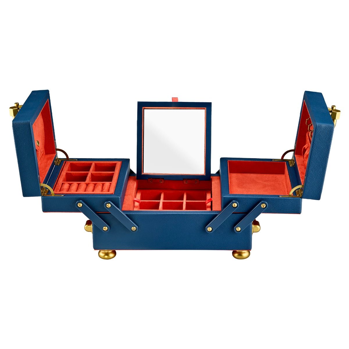 The WOLF 1834 Marla Aaron Baby Everything Jewellery Box by WOLF is a blue vegan leather jewelry box with gold accents, red velvet-lined compartments, ring slots, a hinged mirror, and side sections that open outward.