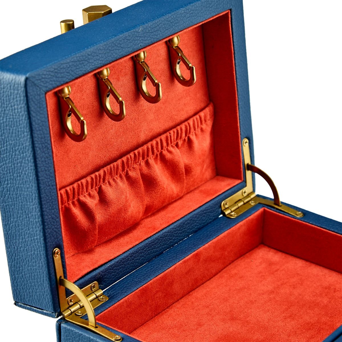 The WOLF 1834 Marla Aaron Baby Everything Jewellery Box features blue vegan leather, a red velvet interior, four gold hooks, elastic lid pocket, gold hinges, and a roomy red-lined compartment—ideal as a chic Baby Everything Box.
