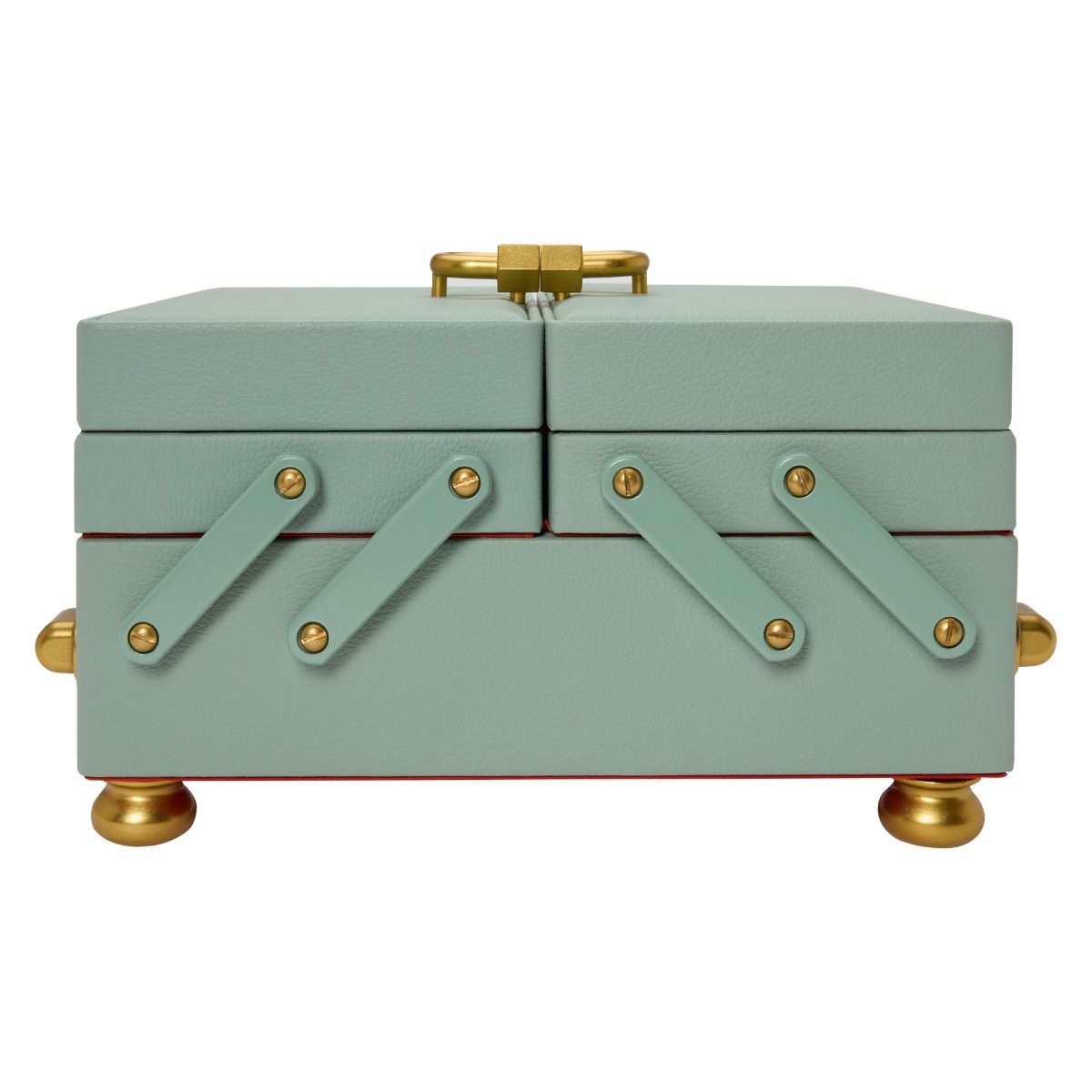 The WOLF 1834 Marla Aaron Baby Everything Jewellery Box is a small, pale green box with gold knobs, hinges, and feet. It features a handle and decorative diagonal straps—ideal for storing your favorite jewelry.
