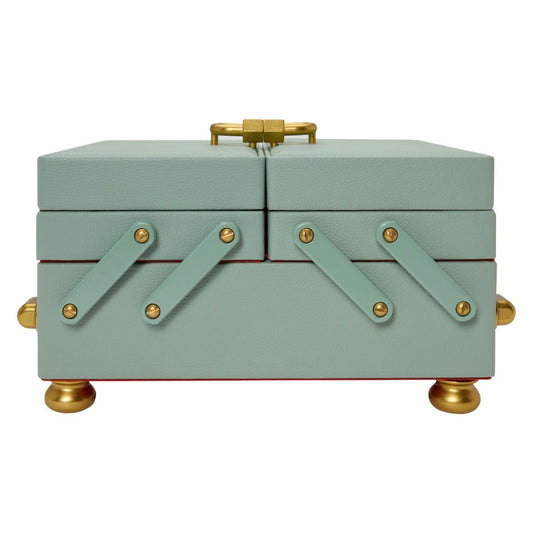 The WOLF 1834 Marla Aaron Baby Everything Jewellery Box is a small, pale green box with gold knobs, hinges, and feet. It features a handle and decorative diagonal straps—ideal for storing your favorite jewelry.
