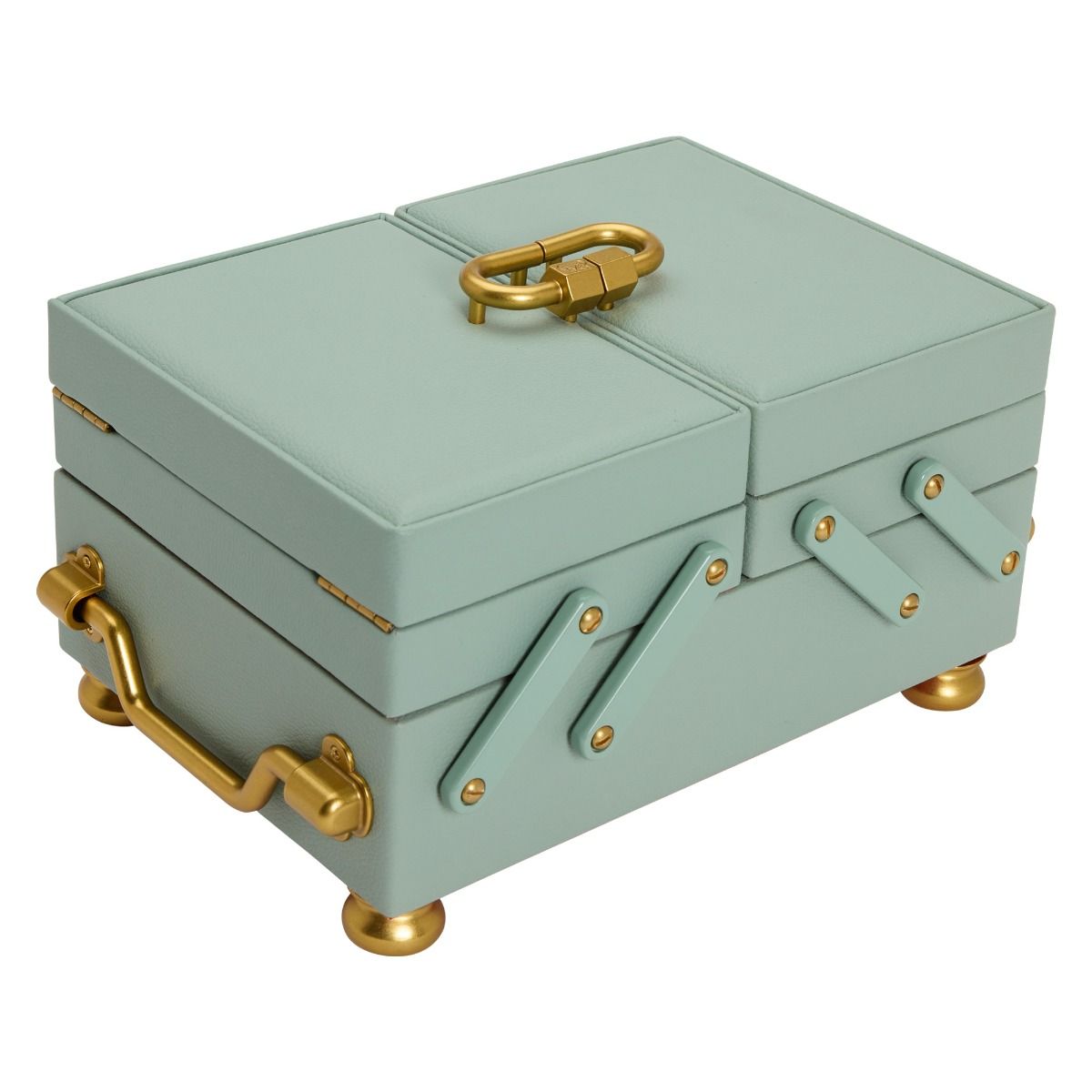 The WOLF 1834 Marla Aaron Baby Everything Jewellery Box by WOLF is a small, light green rectangular box with gold handles, feet, and clasp. Decorative hinges and geometric details give it a modern, elegant look—perfect for stylish jewelry storage.