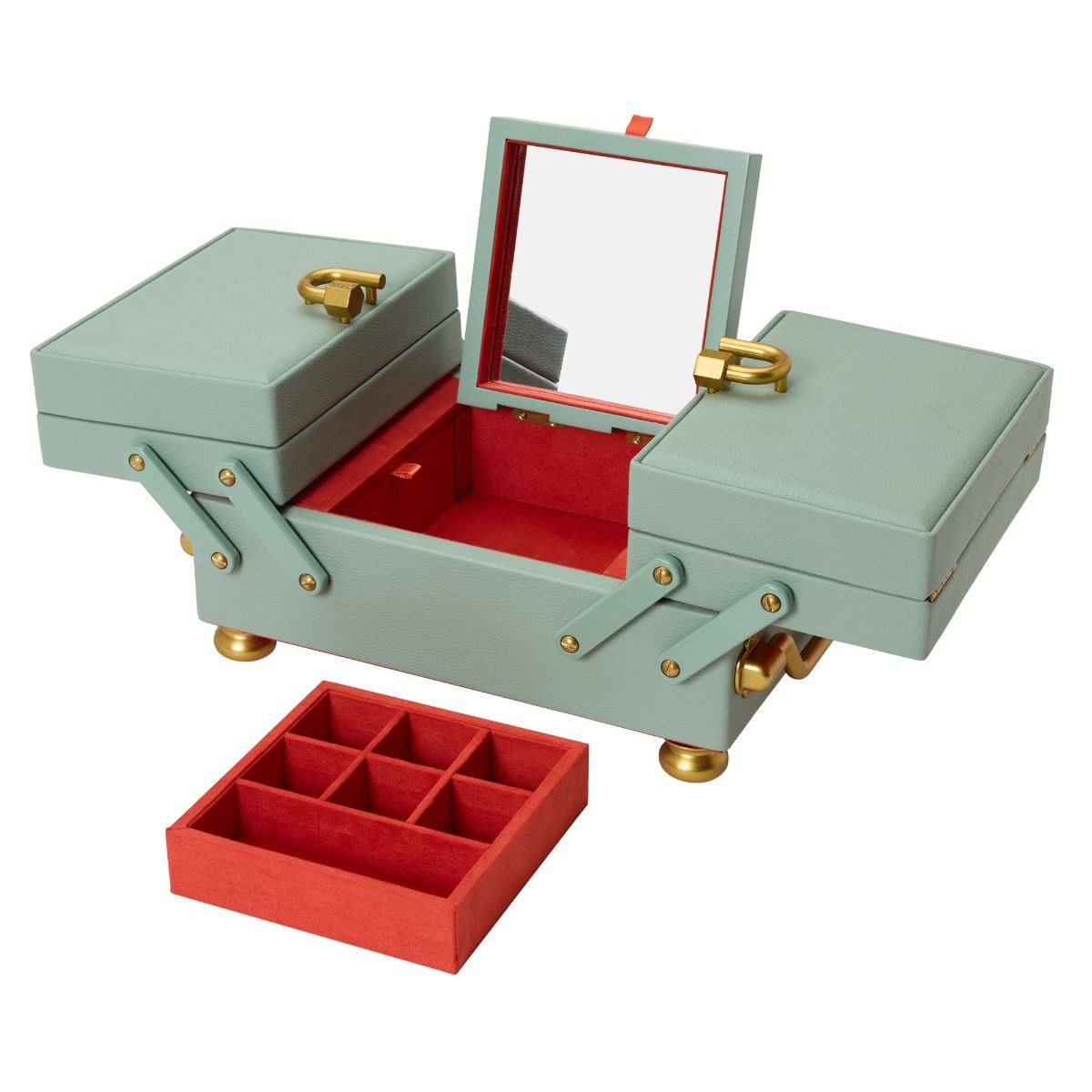 The WOLF 1834 Marla Aaron Baby Everything Jewellery Box is a light green vegan leather box with gold clasps, red interior, built-in mirror, hinged side compartments, a removable nine-section red tray, and stands on four gold feet.