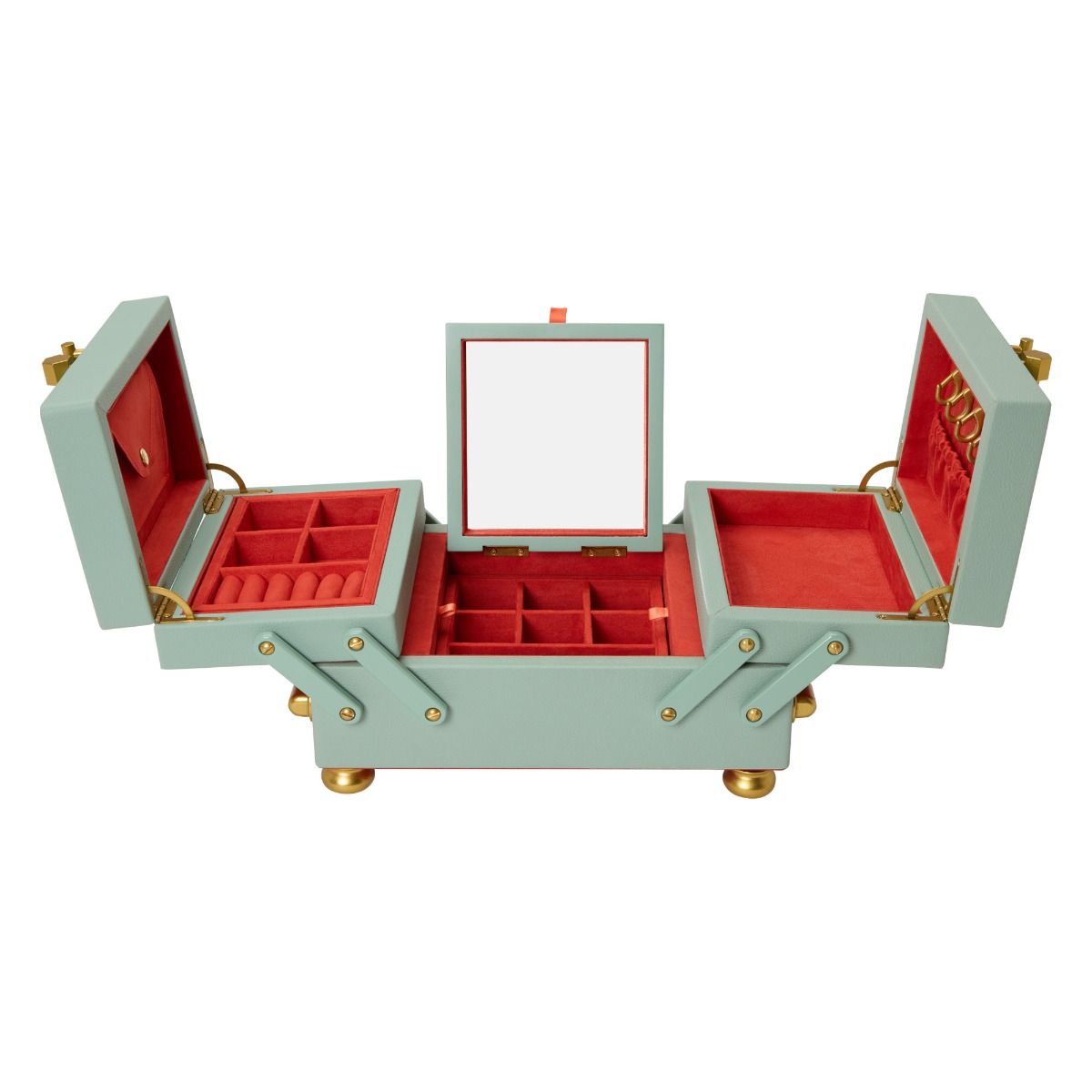 The WOLF 1834 Marla Aaron Baby Everything Jewellery Box by WOLF features light green vegan leather with gold accents, a center mirror, red velvet-lined compartments, and storage for rings, earrings, and more.