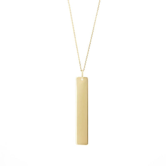 The Raffi&Co.® 14K Yellow Gold Engravable Pendant Necklace, featuring a rectangular bar design, elegantly dangles from a delicate gold chain against a white background.