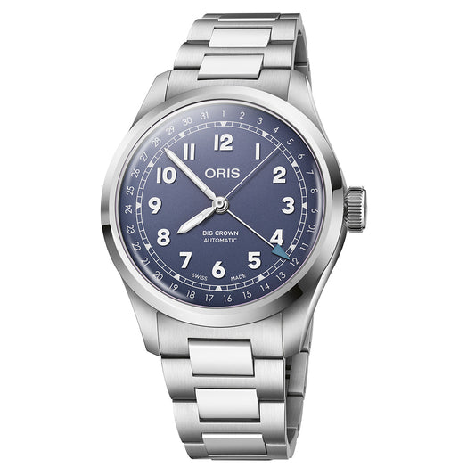 This Oris Big Crown Pointer Date Calibre 754 features a stainless steel design with a blue dial, white Arabic numerals, date indicator, and luminescent hands. "Oris" and "Big Crown Automatic" are printed on the dial. Swiss Made with automatic mechanical movement.