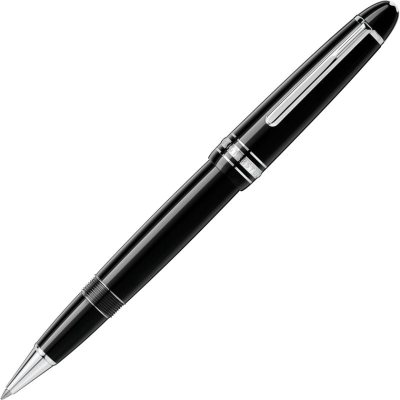 The Montblanc Meisterstuck LeGrand Rollerball Pen, a sophisticated black writing instrument crafted from precious resin and adorned with silver accents and a clip, showcases the iconic Montblanc emblem against a white background.