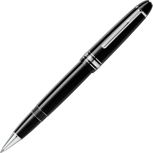 The Montblanc Meisterstuck LeGrand Rollerball Pen, a sophisticated black writing instrument crafted from precious resin and adorned with silver accents and a clip, showcases the iconic Montblanc emblem against a white background.