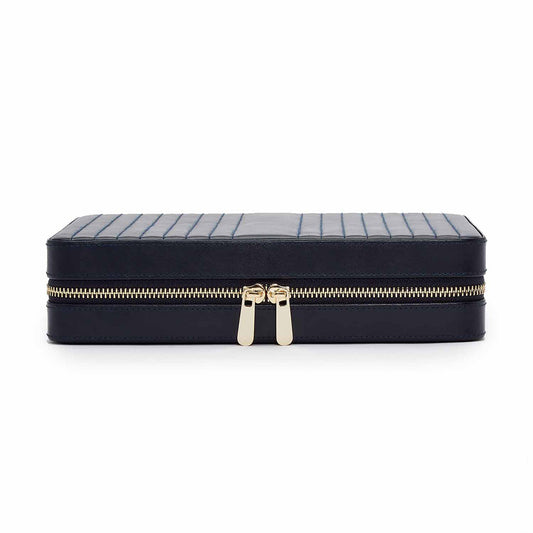 Introducing the WOLF 1834 Maria Large Zip Case by WOLF, a black rectangular leather jewelry box with a sophisticated zip closure featuring gold zipper pulls. It belongs to the elegant travel collection and boasts a stitched linear pattern on its top surface, enhancing its sleek design. With LusterLoc™ technology, your jewelry remains pristine inside this exquisite case.