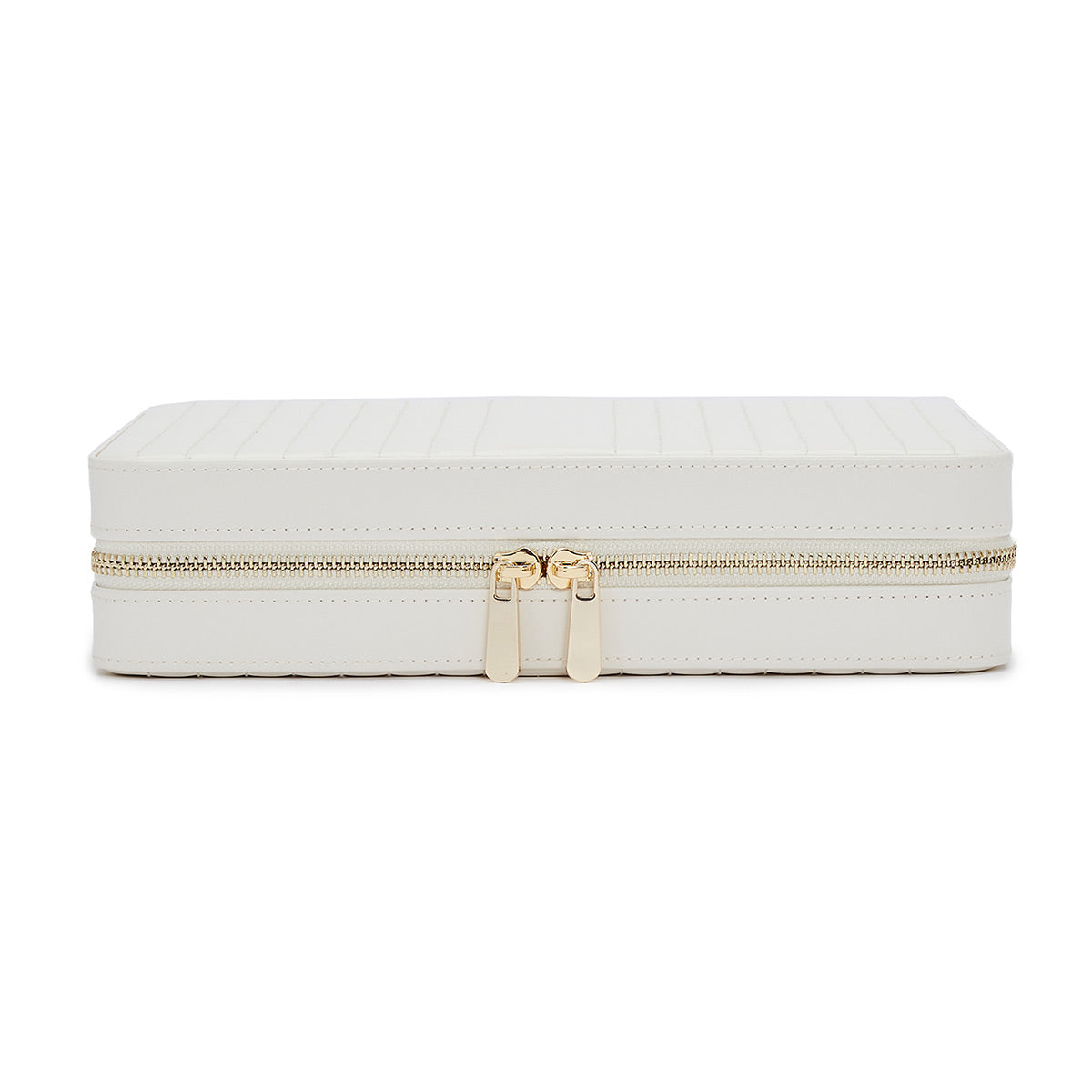 Introducing the WOLF 1834 Maria Large Zip Case, a sleek and minimalist rectangular white jewelry box featuring a stylish quilted pattern. It's an ideal addition to the travel collection, equipped with a center gold zipper boasting two pulls for elegant and secure jewelry storage.