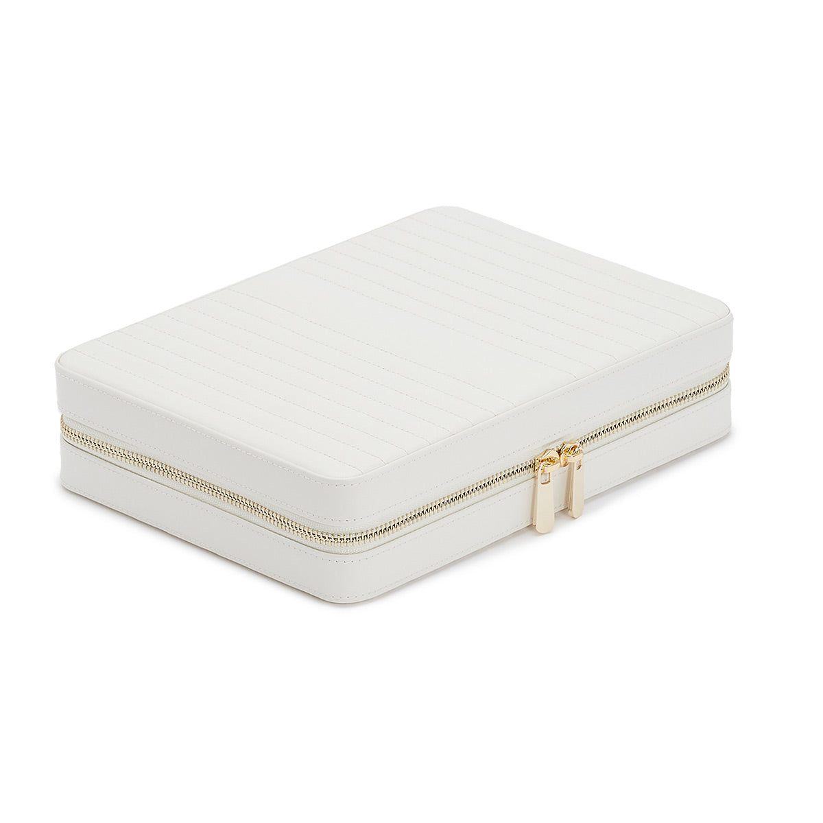 The WOLF 1834 Maria Large Zip Case by WOLF, part of our travel collection, is a sleek, rectangular case with a textured lid and gold zipper closure featuring dual pulls. Its compact design makes it ideal for sophisticated jewelry storage on the go.