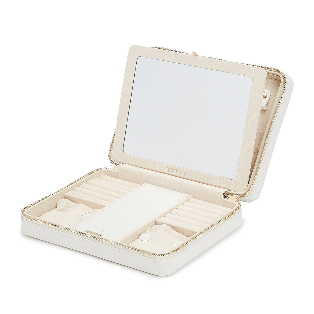 The WOLF 1834 Maria Large Zip Case, an elegant piece from WOLF's travel collection, showcases a large mirror on the lid. Inside, it offers compartments designed for organizing rings, earrings, and other treasures. With its soft beige lining and innovative LusterLoc™ technology, your jewelry remains pristine and tarnish-free during storage.