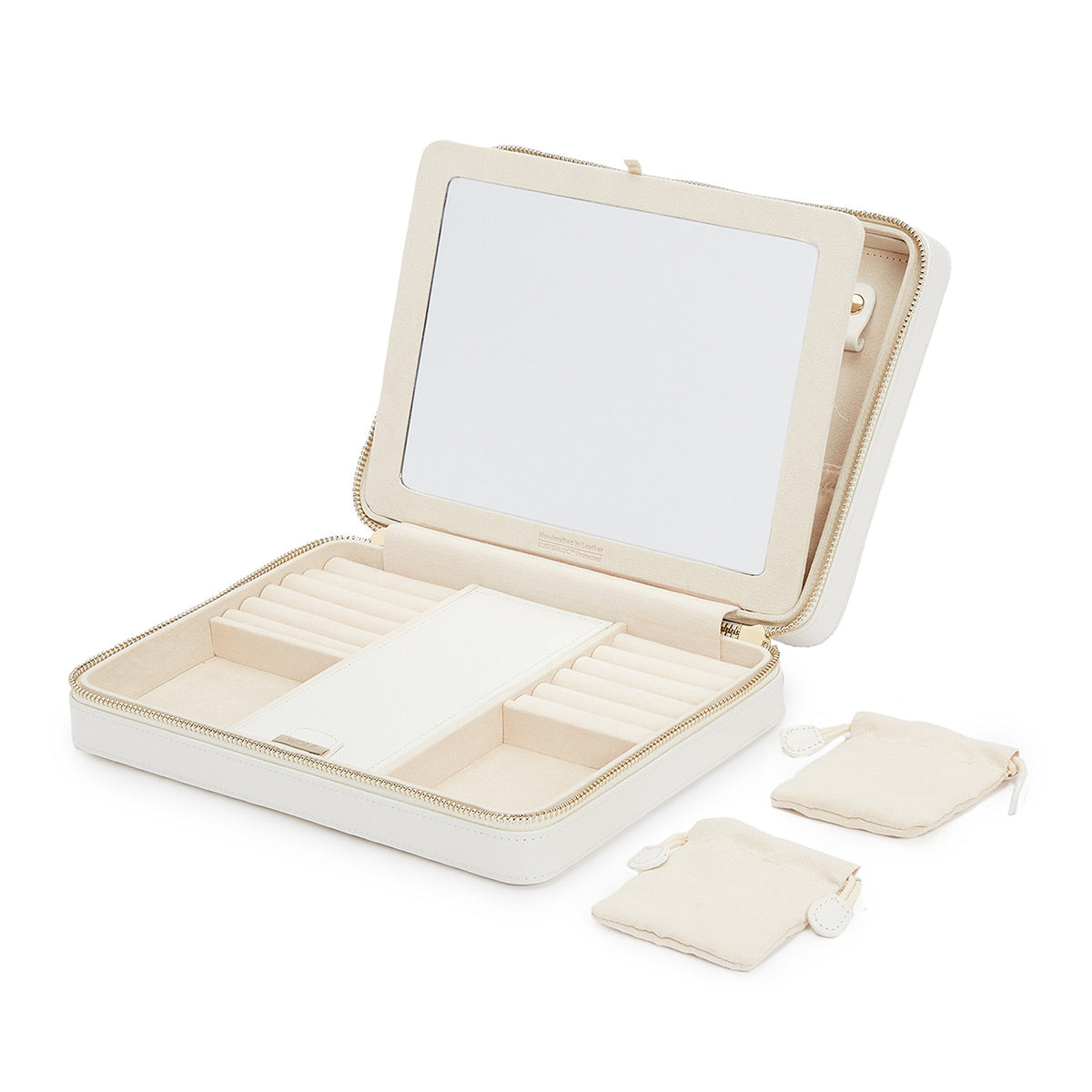 The WOLF 1834 Maria Large Zip Case is a compact beige jewelry case that includes a large mirror on the inner lid. It offers organized jewelry storage with ring rolls and compartments for other items, featuring LusterLoc™ technology. Additionally, it comes with two small, matching zippered pouches that are perfect for travel collection.